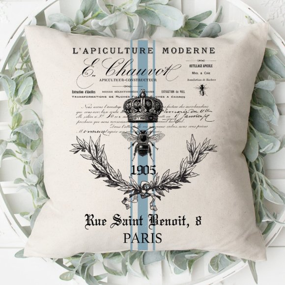 French Country Throw Pillow Cover, King Bee, Blue - Picture 3 of 4